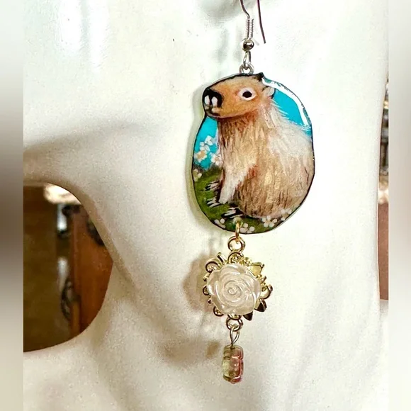 Capybara handpainted earrings w dangle white flower charm OOAK - Picture 5 of 6
